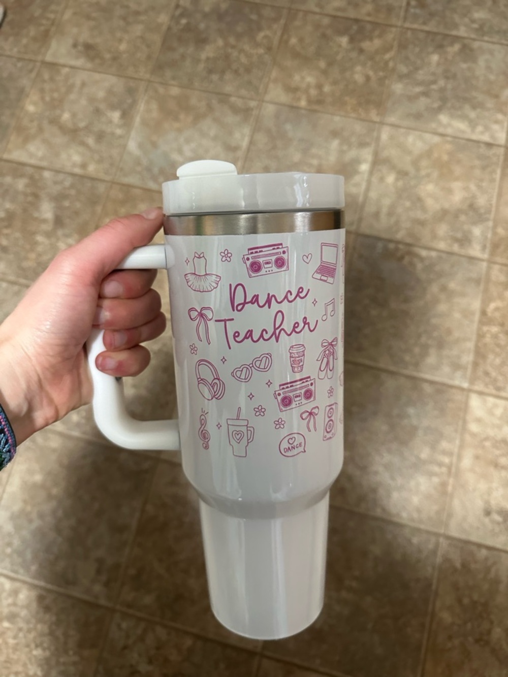 Dance Teacher White Travel Tumbler with Pink Graphics